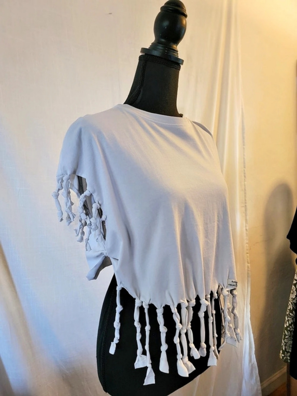 Custom White Fringe Asymmetrical Short Sleeve Top/M